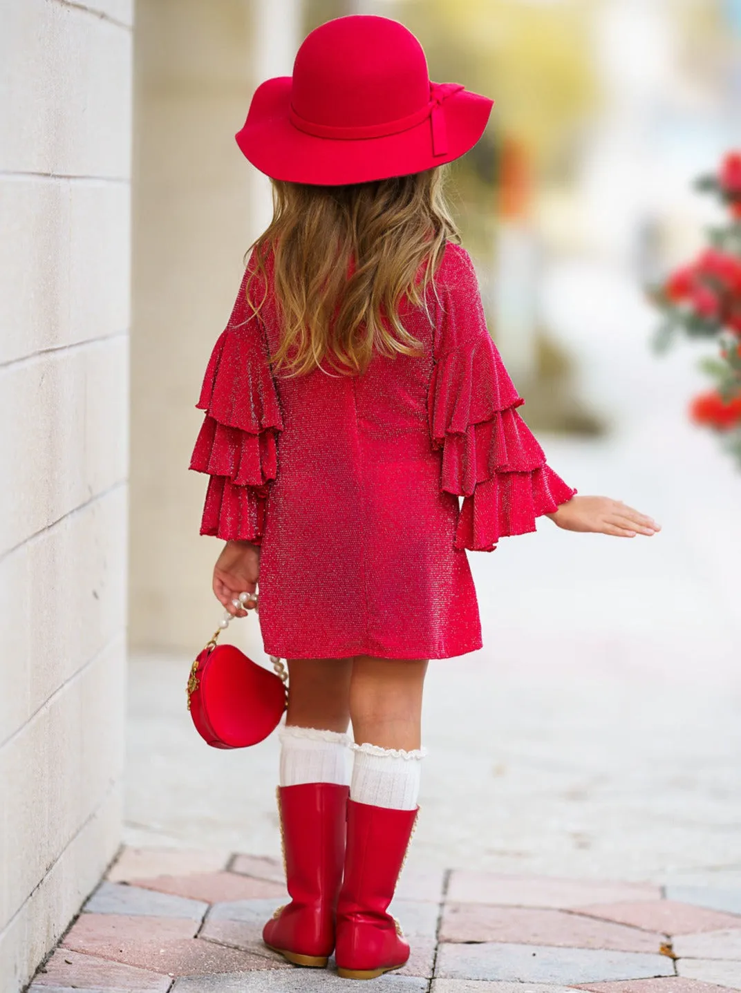 GLITTER GLAM RED RUFFLE SLEEVE SHIFT DRESS