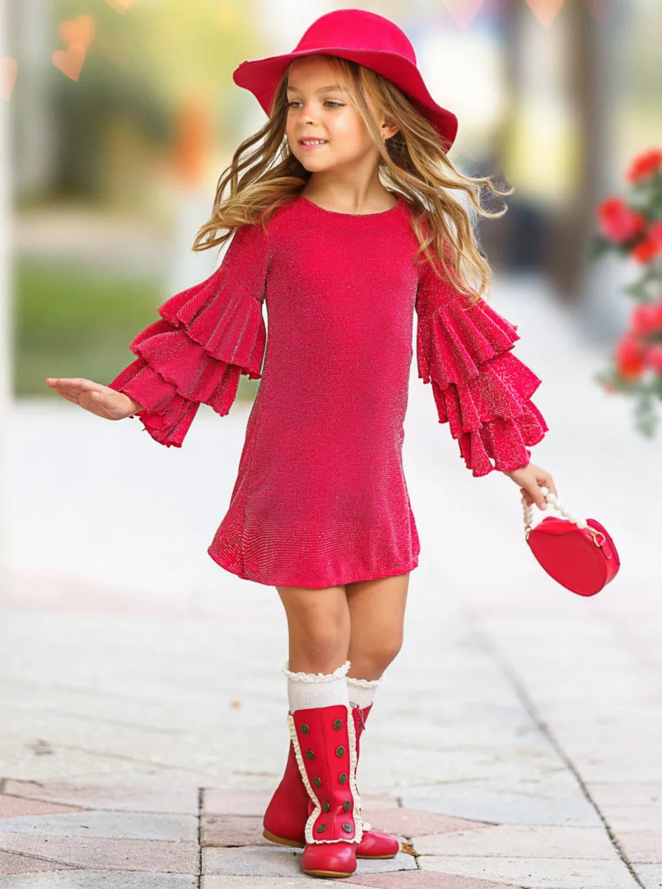 GLITTER GLAM RED RUFFLE SLEEVE SHIFT DRESS