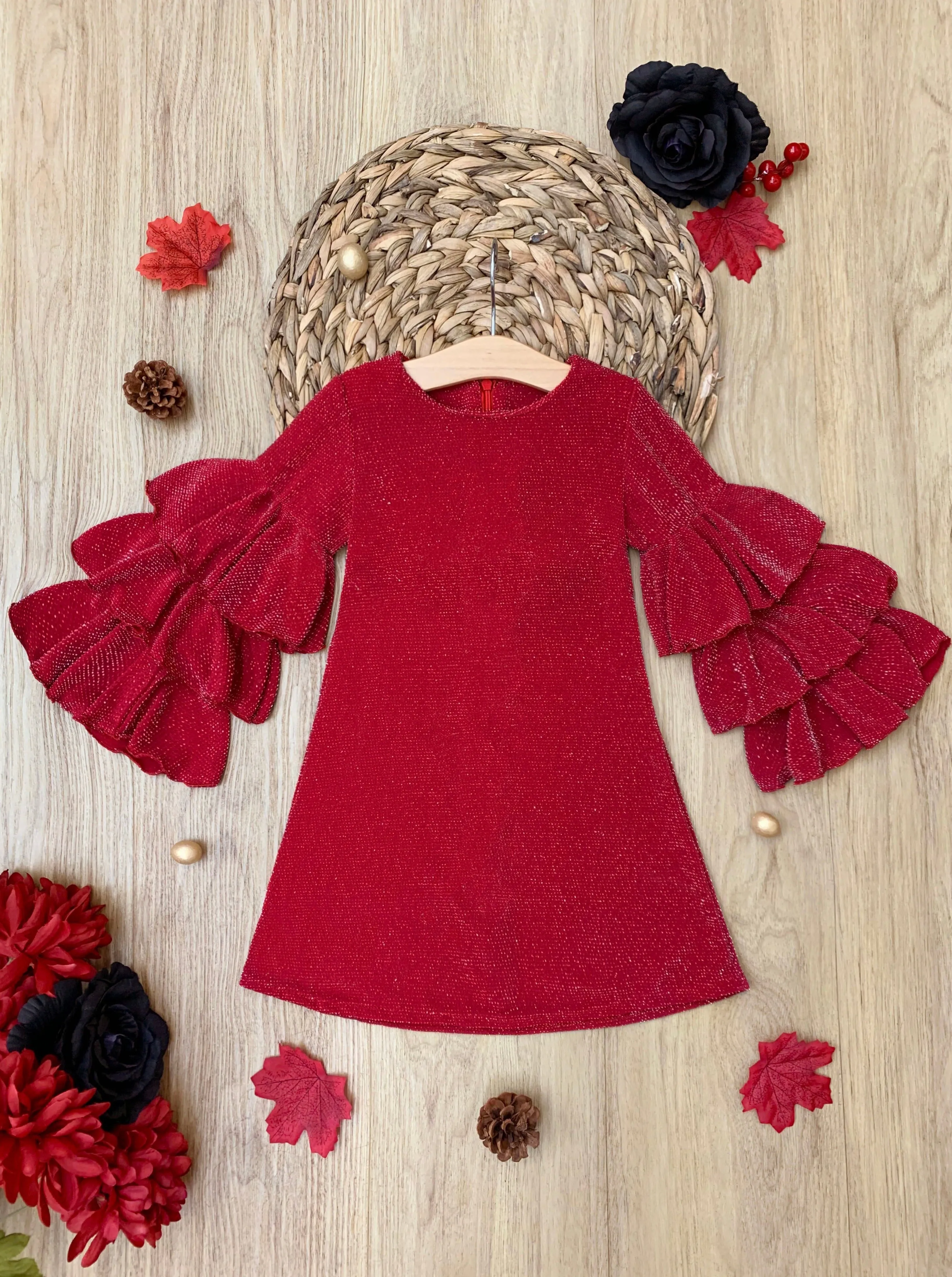 GLITTER GLAM RED RUFFLE SLEEVE SHIFT DRESS