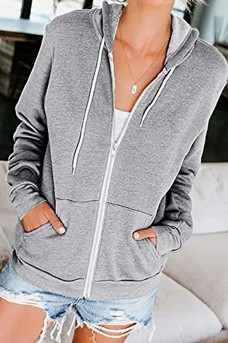 GOLDPKF Brown Zip up Hoodie Sweat Shirts, Women Tunic top Plus Size Hoodies for Women Comfy Sweatshirt Zip up Hoodie Womens Grey Small