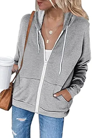 GOLDPKF Brown Zip up Hoodie Sweat Shirts, Women Tunic top Plus Size Hoodies for Women Comfy Sweatshirt Zip up Hoodie Womens Grey Small