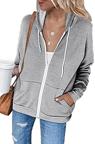 GOLDPKF Brown Zip up Hoodie Sweat Shirts, Women Tunic top Plus Size Hoodies for Women Comfy Sweatshirt Zip up Hoodie Womens Grey Small