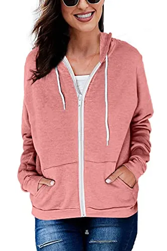 GOLDPKF Oversized Sweatshirt for Women Full Zip Hoodie Hooded Sweatshirt Women Sweatshirt Cardigan Women Women's Athletic Hoodies Pink Small