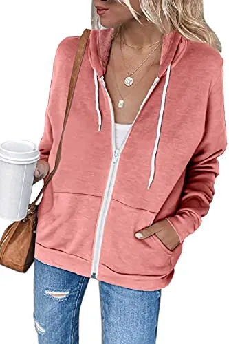 GOLDPKF Oversized Sweatshirt for Women Full Zip Hoodie Hooded Sweatshirt Women Sweatshirt Cardigan Women Women's Athletic Hoodies Pink Small