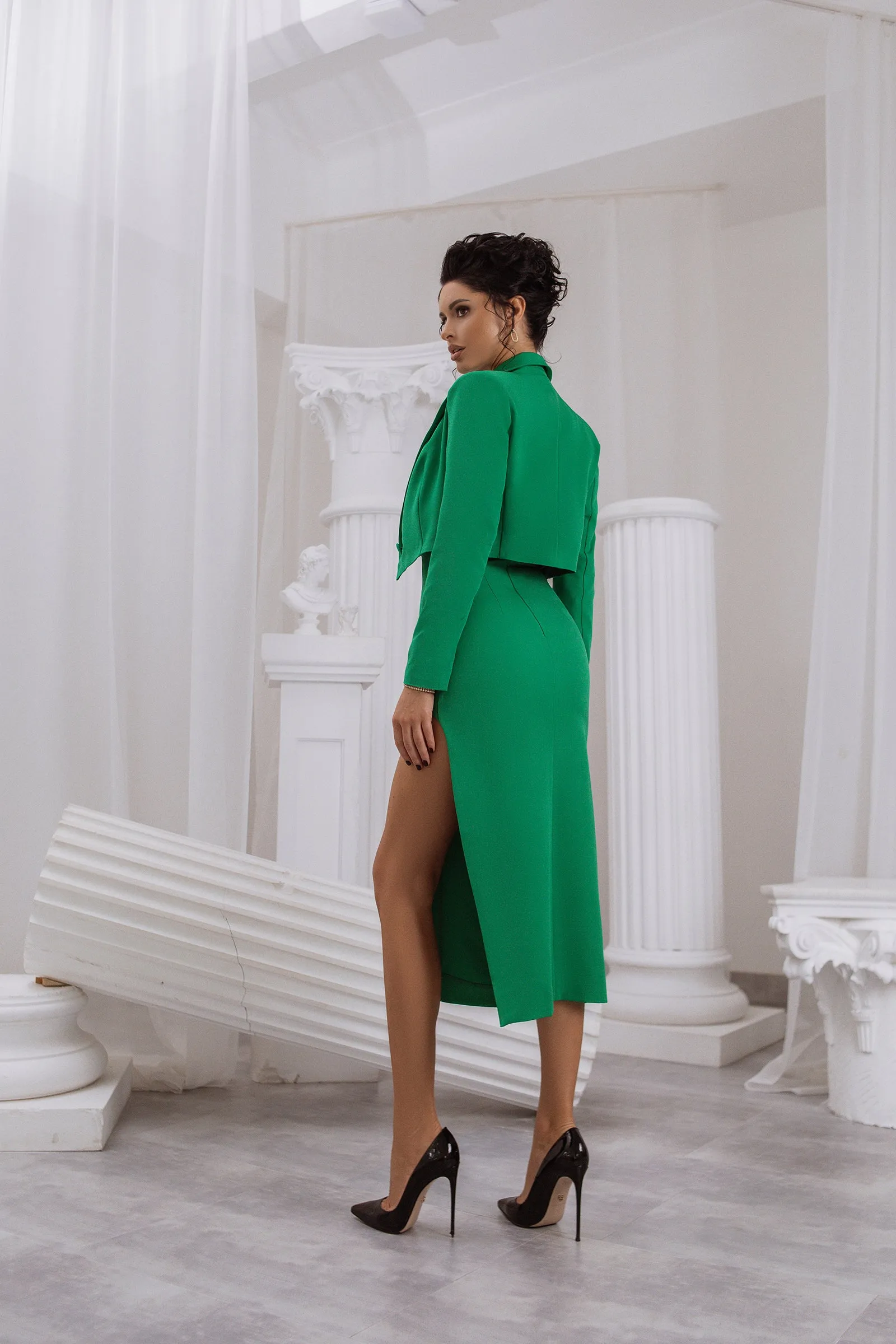 Green Crop Jacket Skirt Suit 2-Piece Suit