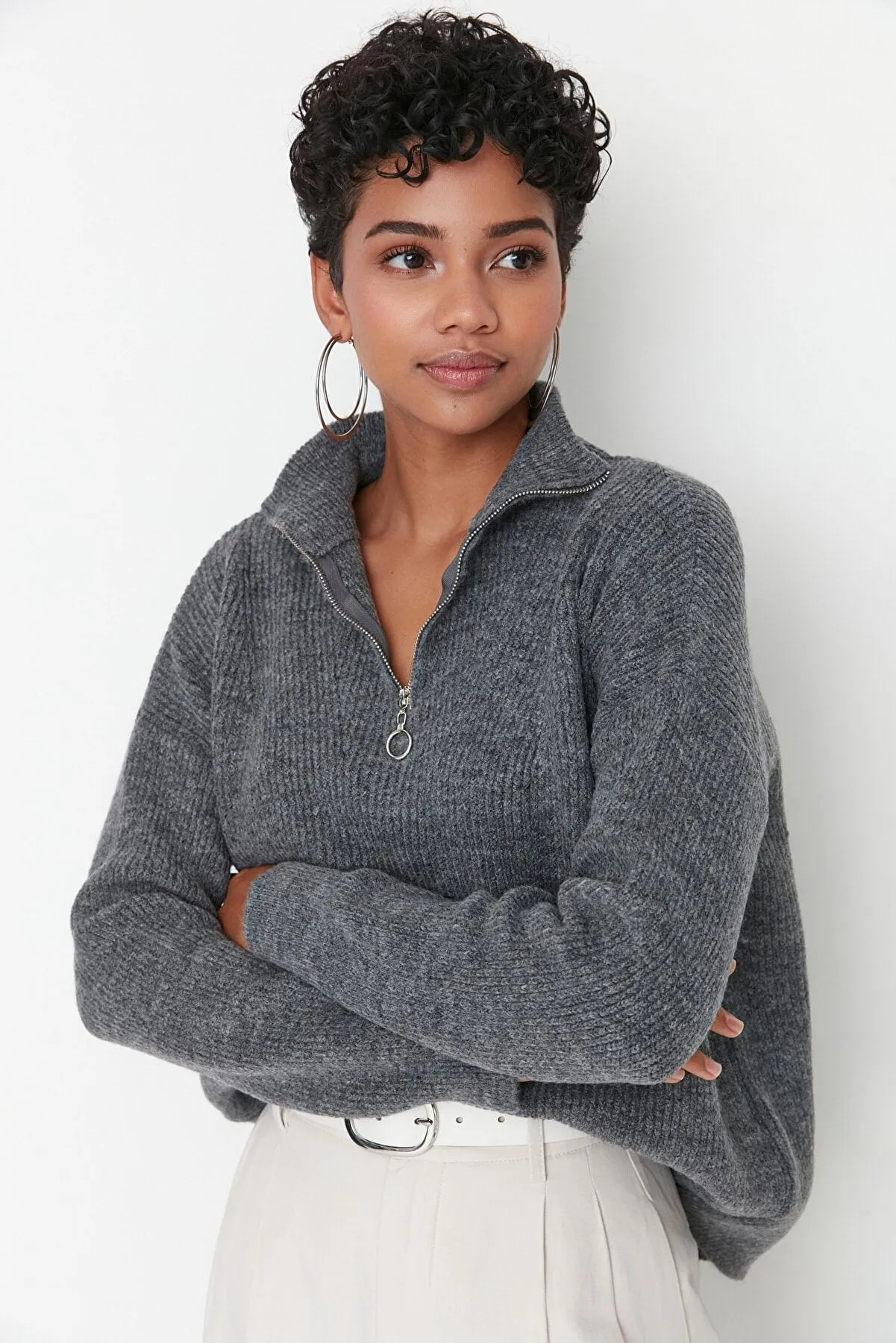 grey zip sweater top