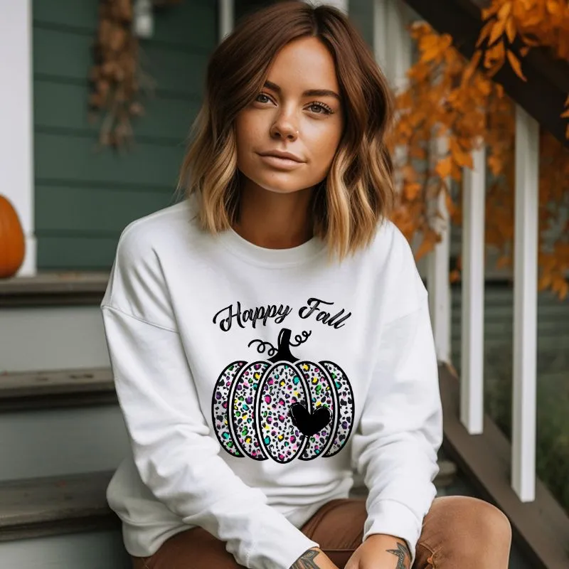 Happy Fall Cheetah Print Pumpkin Crewneck Pullover Sweatshirt