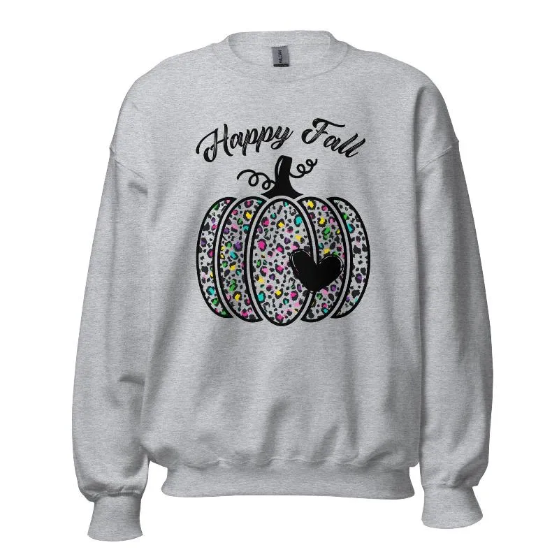 Happy Fall Cheetah Print Pumpkin Crewneck Pullover Sweatshirt