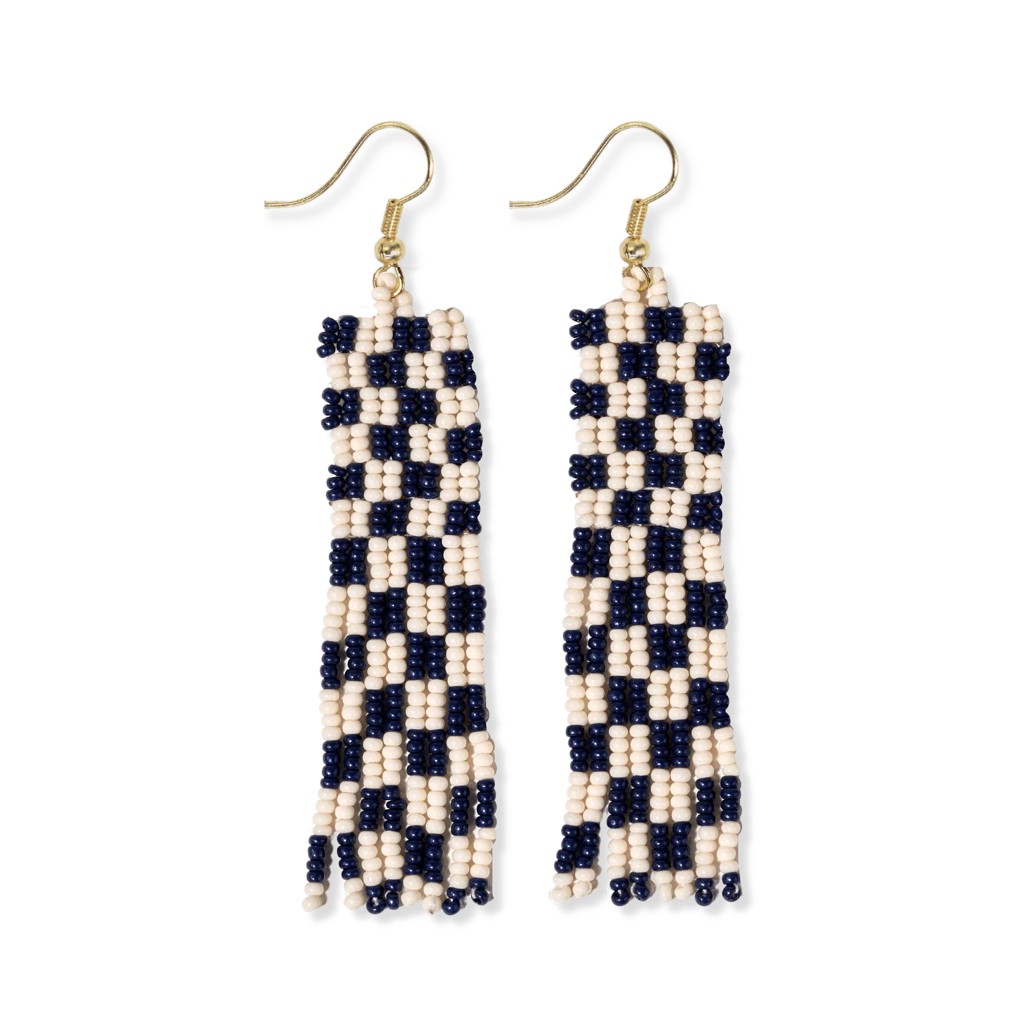 Harriet Woven Top Gingham Beaded Fringe Earrings Navy