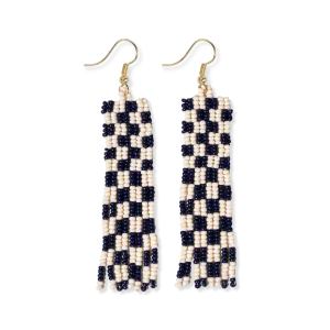 Harriet Woven Top Gingham Beaded Fringe Earrings Navy