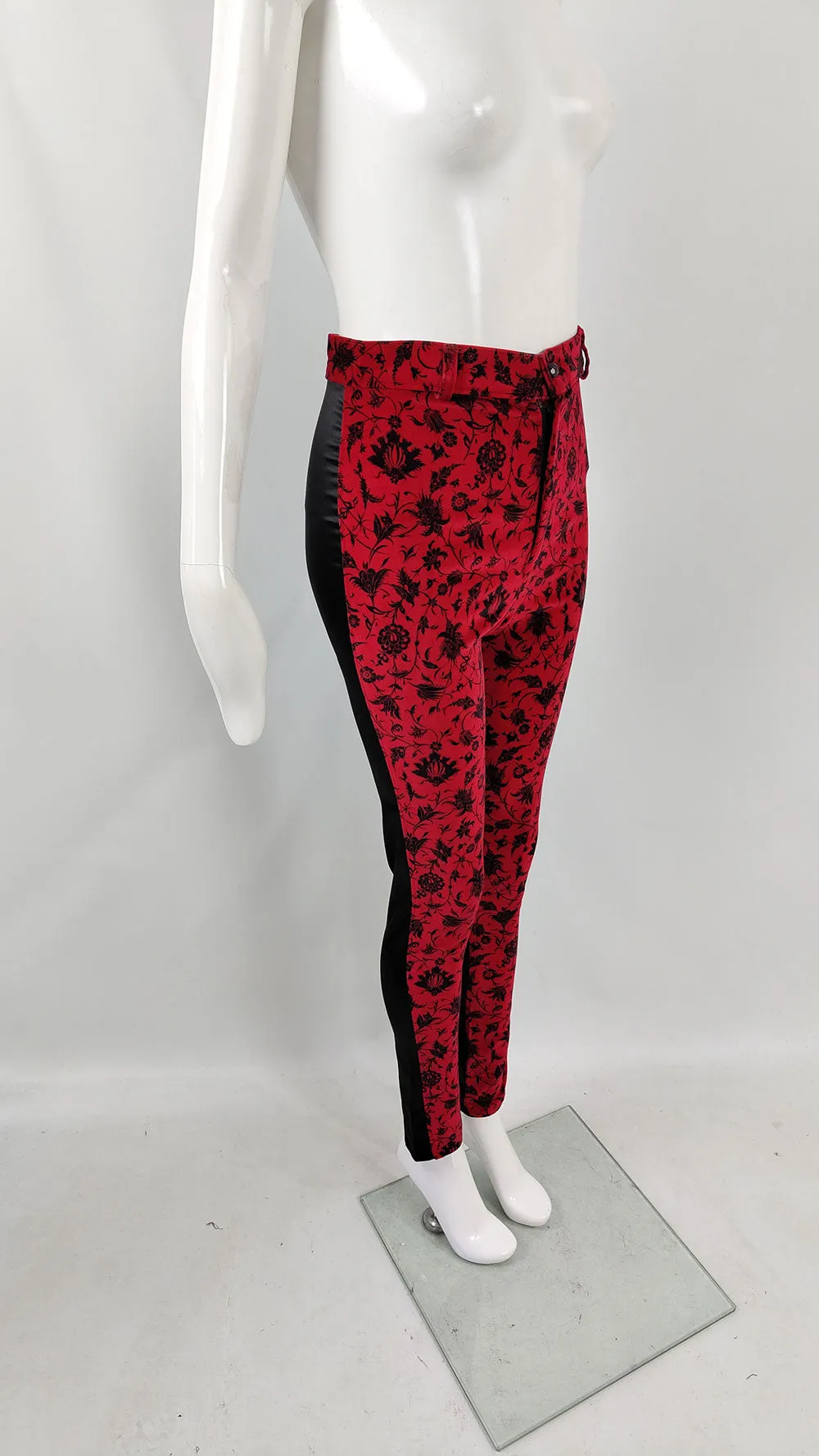 Helen Storey Vintage Red Velvet & Black Satin Trousers, 1980s