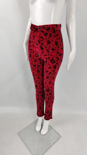 Helen Storey Vintage Red Velvet & Black Satin Trousers, 1980s