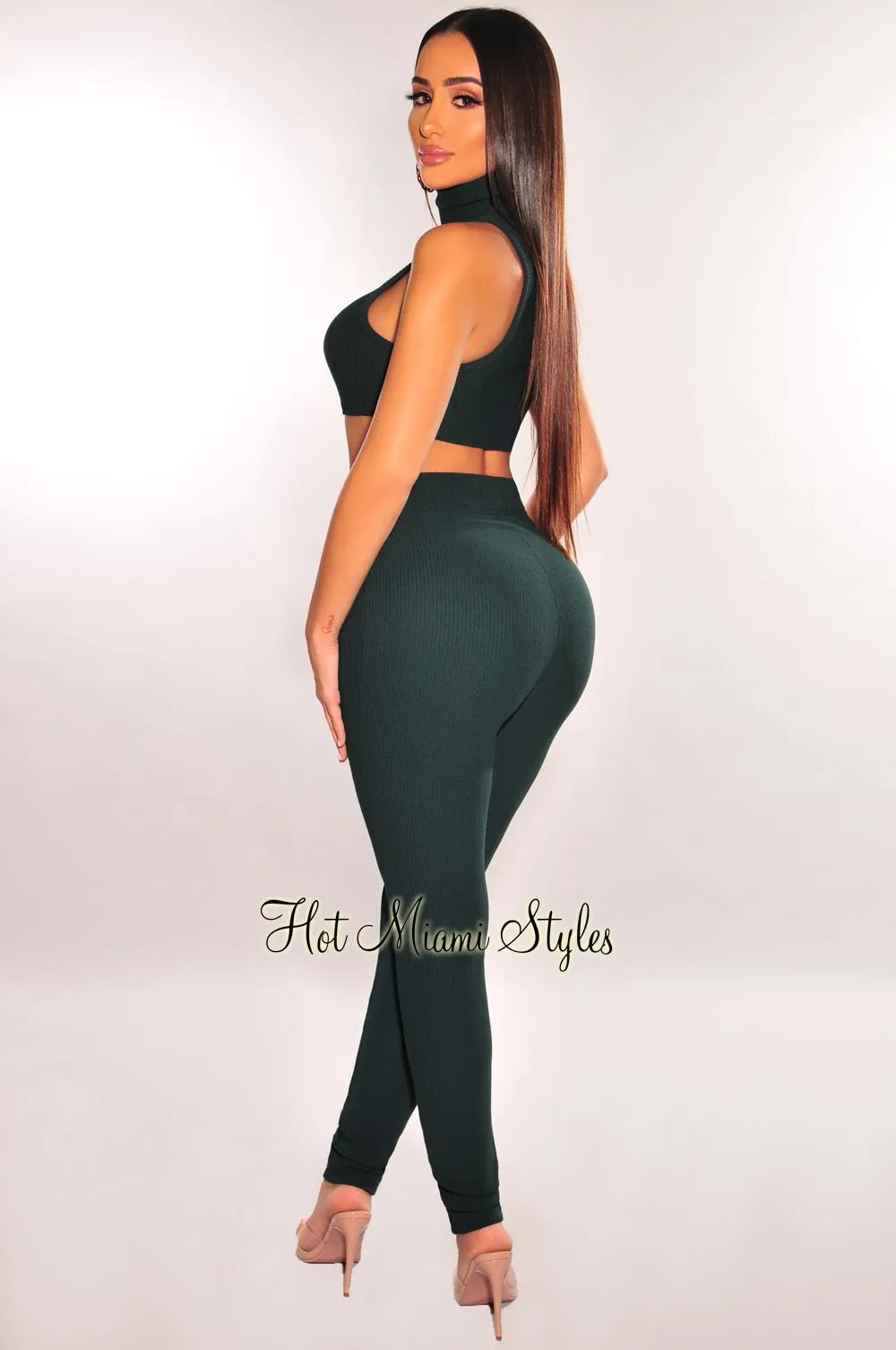 Hunter Green Ribbed TurtleNeck Underwire Sleeveless Pants Two Piece Set