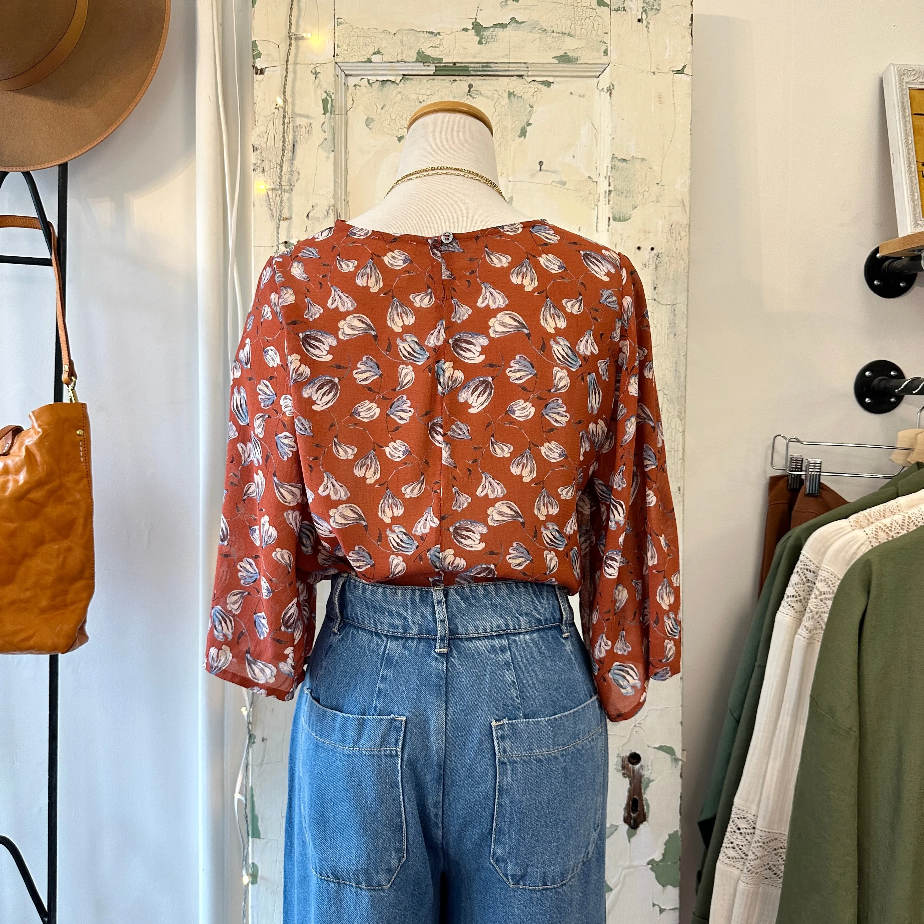 Indi & Cold // Brick Sketched Floral Blouse