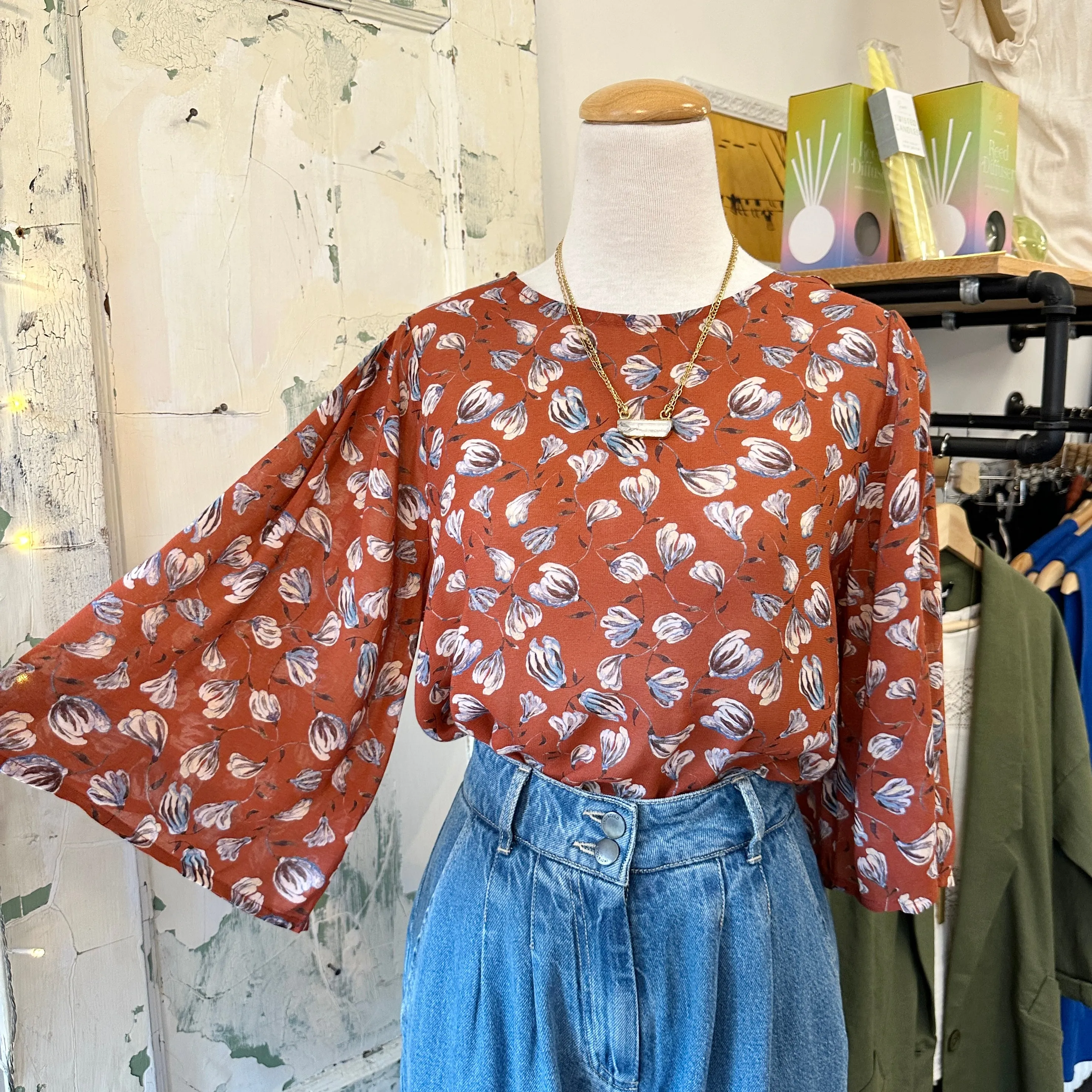 Indi & Cold // Brick Sketched Floral Blouse