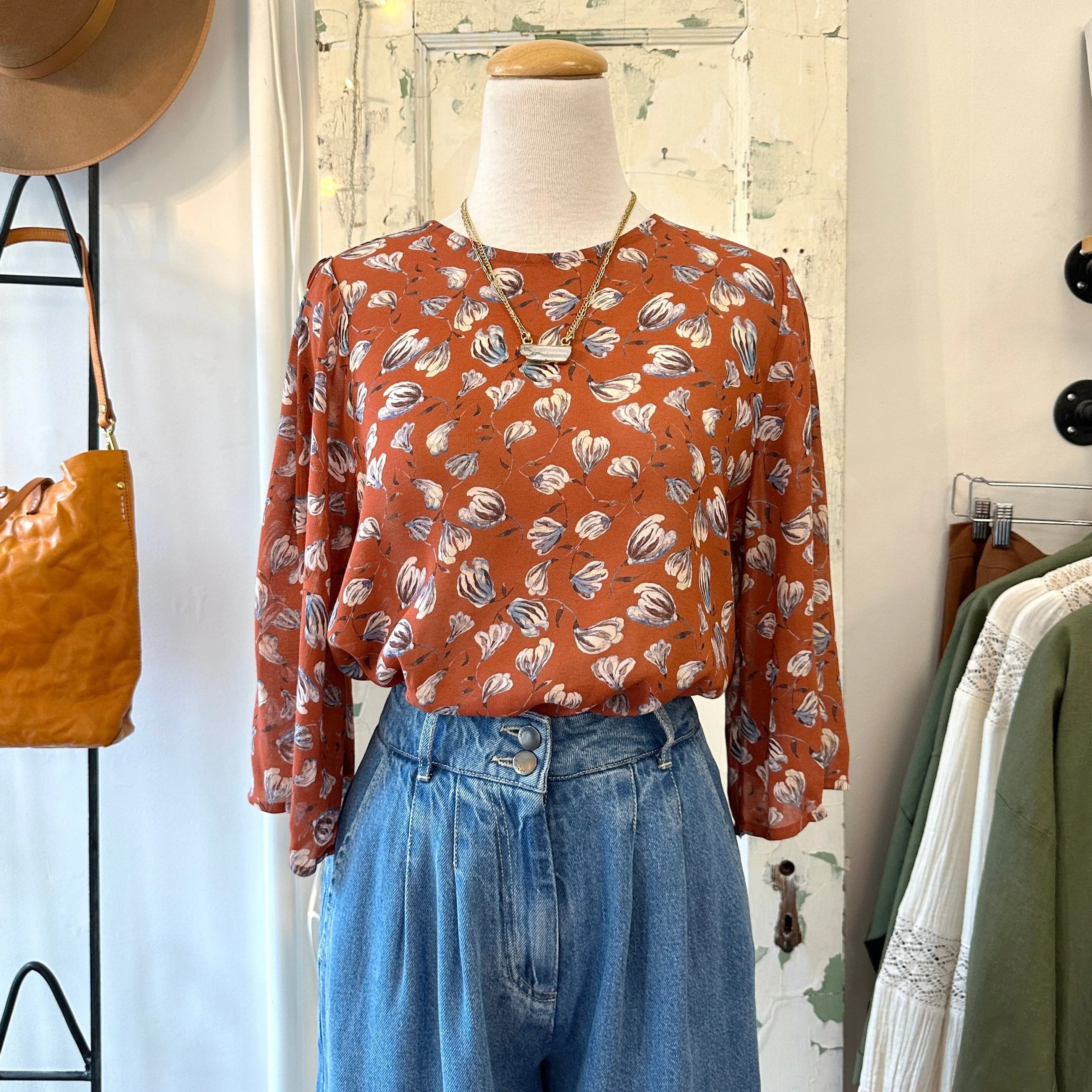 Indi & Cold // Brick Sketched Floral Blouse