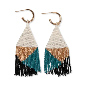 James Mini Gold Hoop Mixed Angles Beaded Fringe Earrings Teal