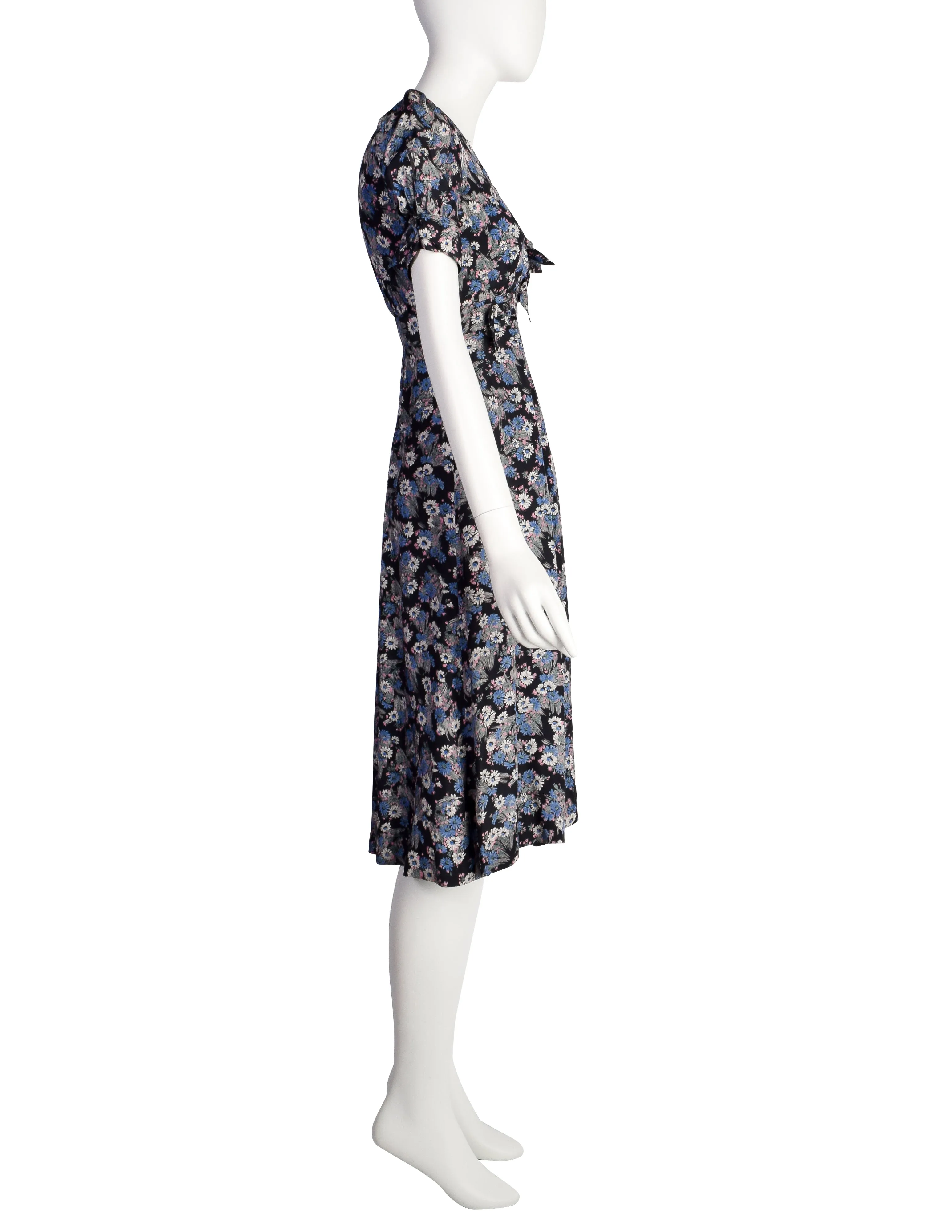 Jeff Banks Vintage 1970s Black and Blue Floral Print Rayon Dress