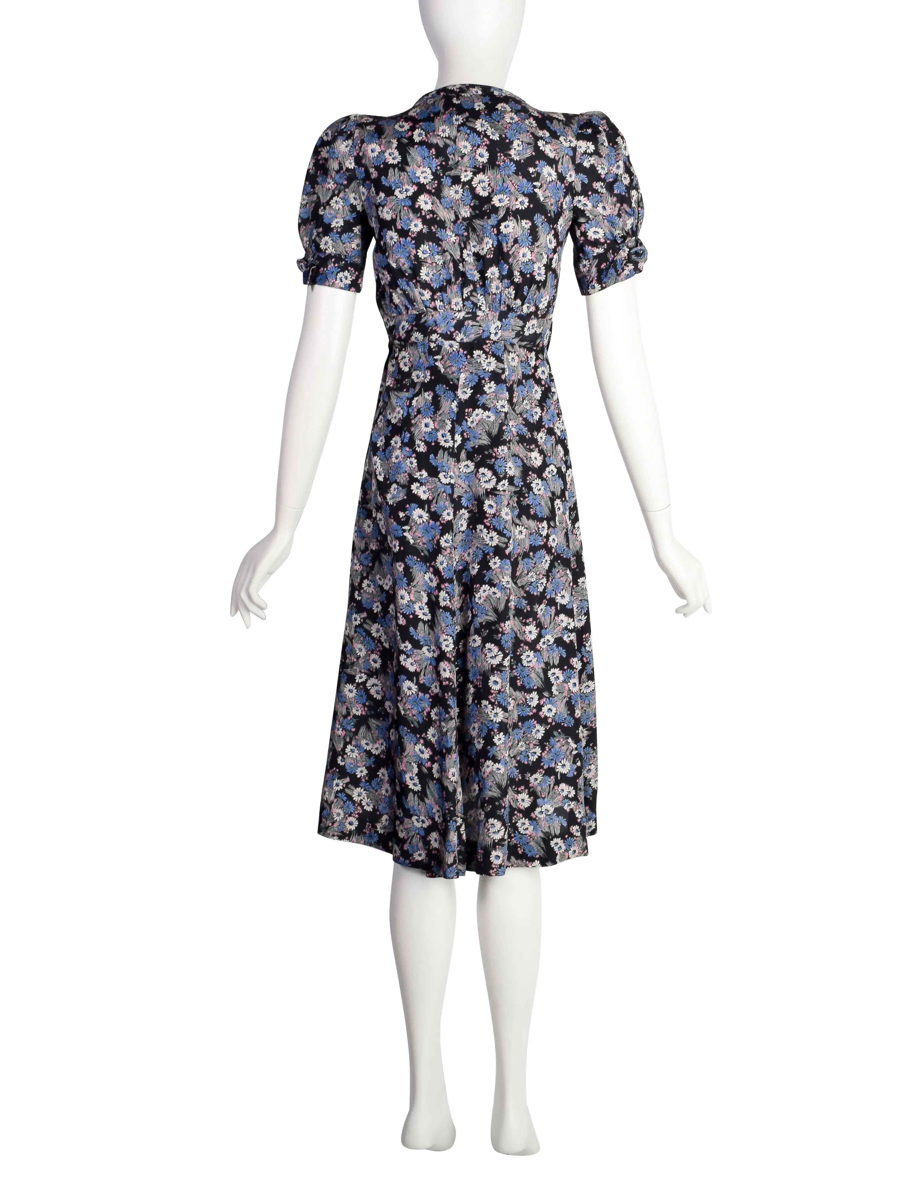 Jeff Banks Vintage 1970s Black and Blue Floral Print Rayon Dress