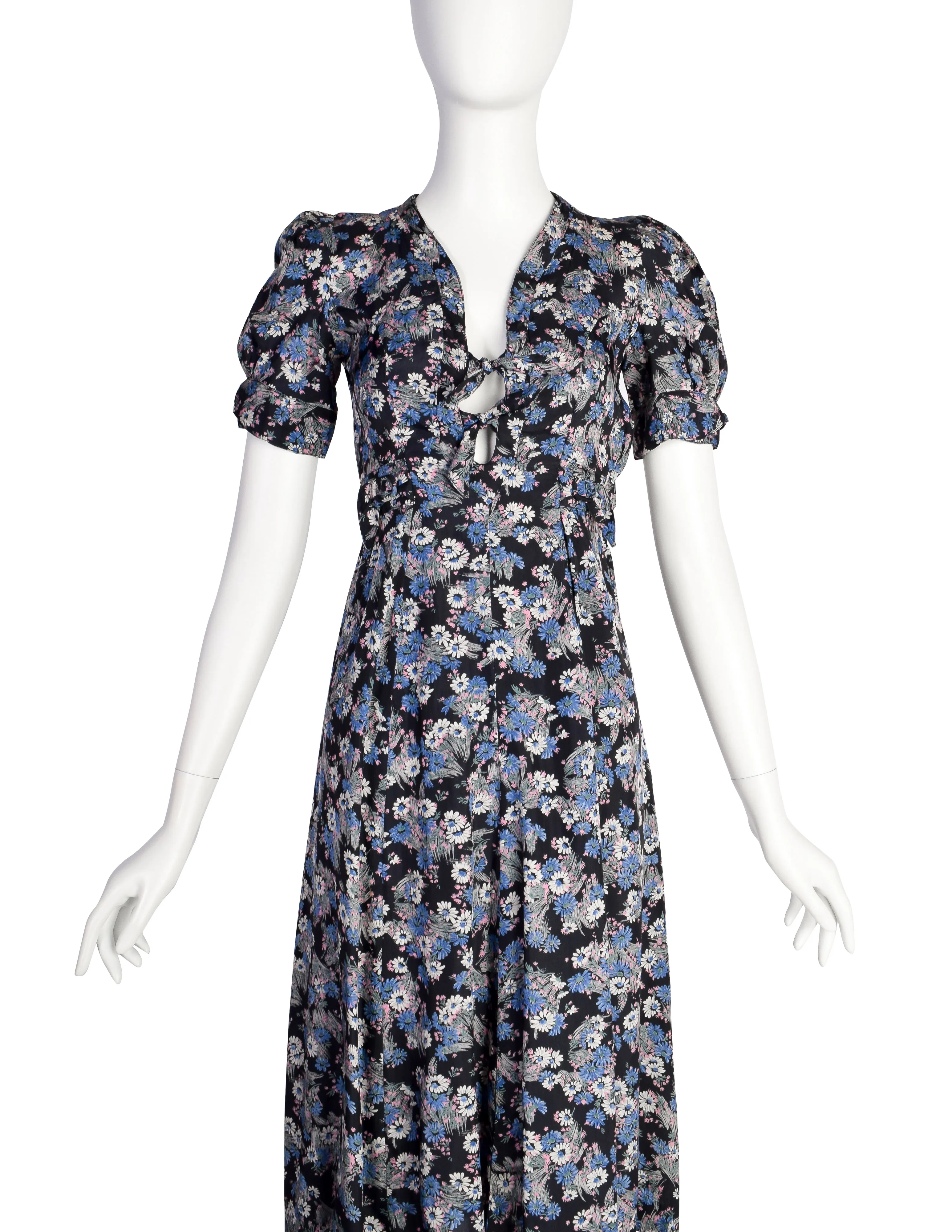 Jeff Banks Vintage 1970s Black and Blue Floral Print Rayon Dress