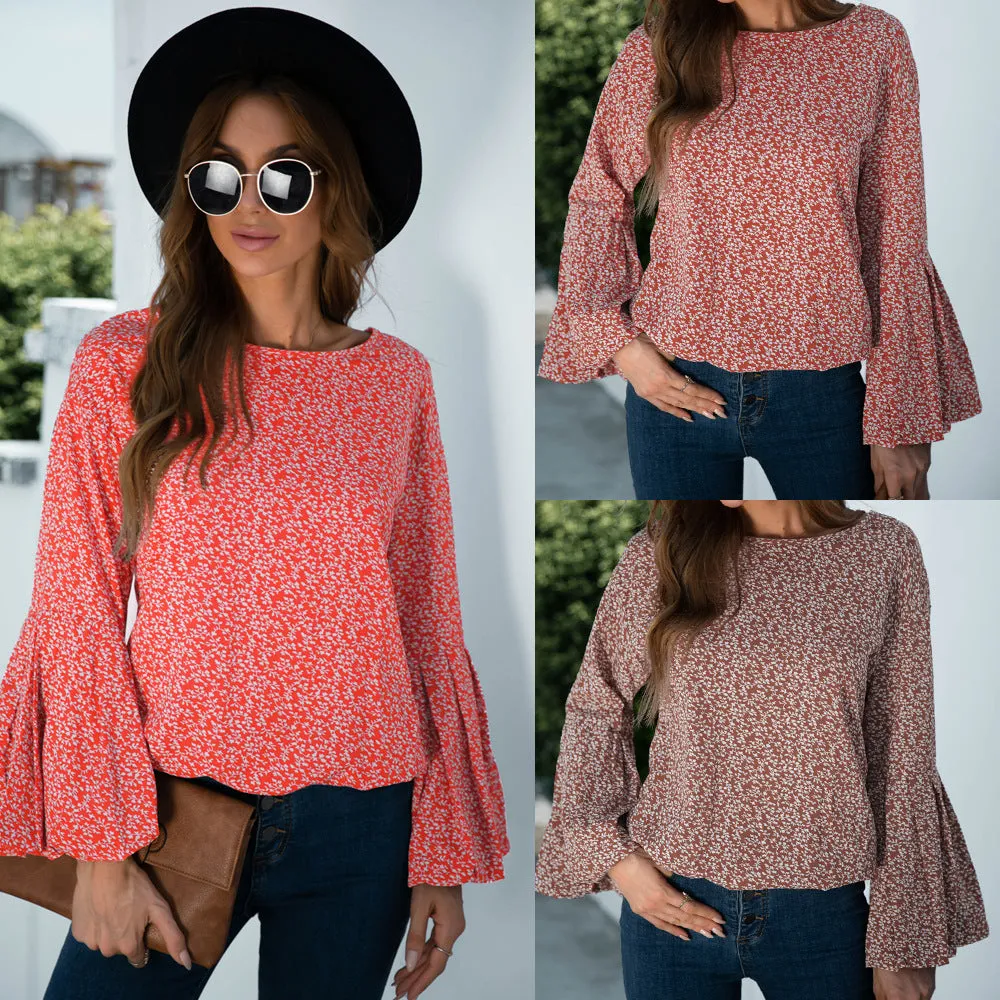 Julia Fashion - Bell Sleeves Printed Fall Shirt