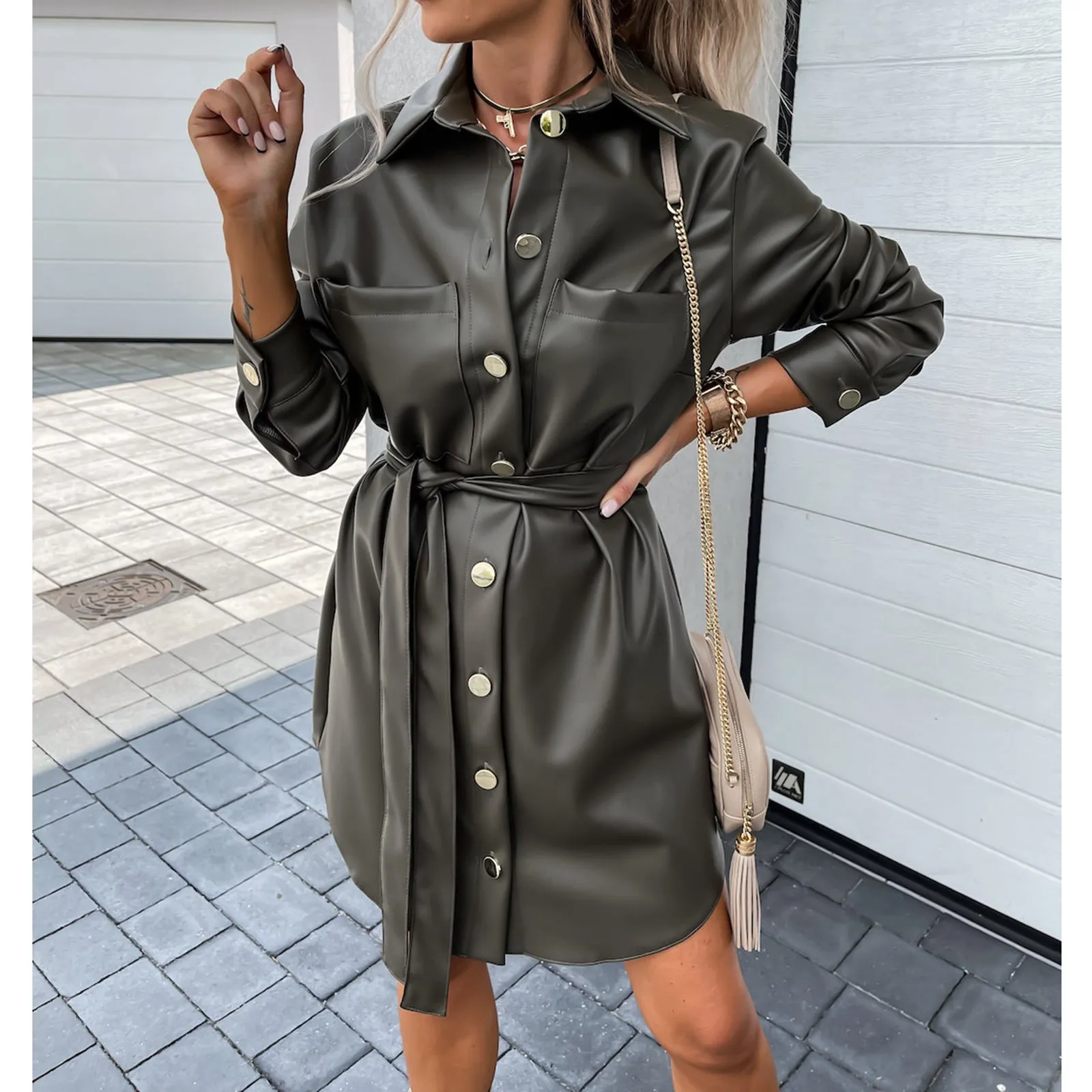 Julia Fashion - Fall  Office Lady PU Leather Shirts Dress