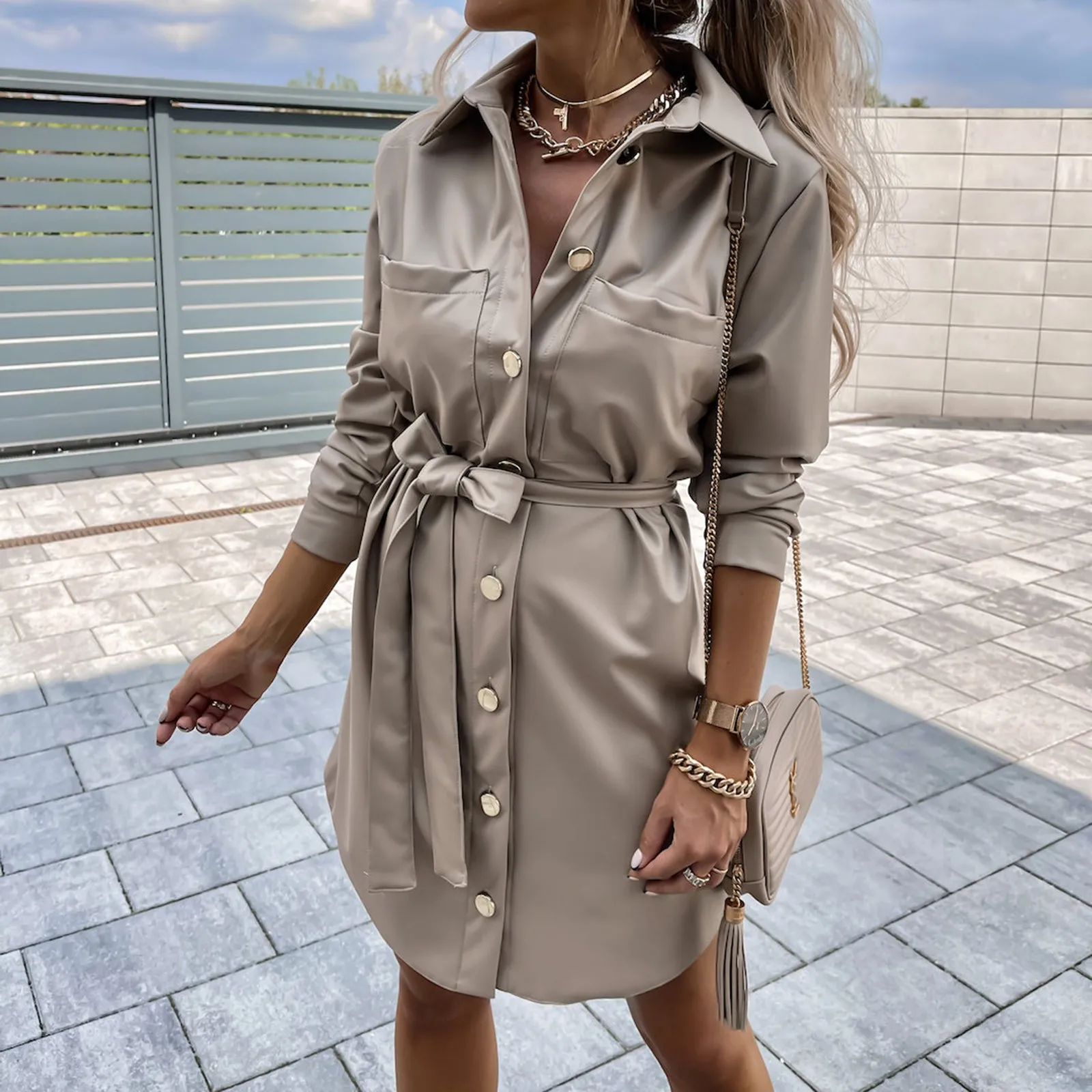 Julia Fashion - Fall  Office Lady PU Leather Shirts Dress