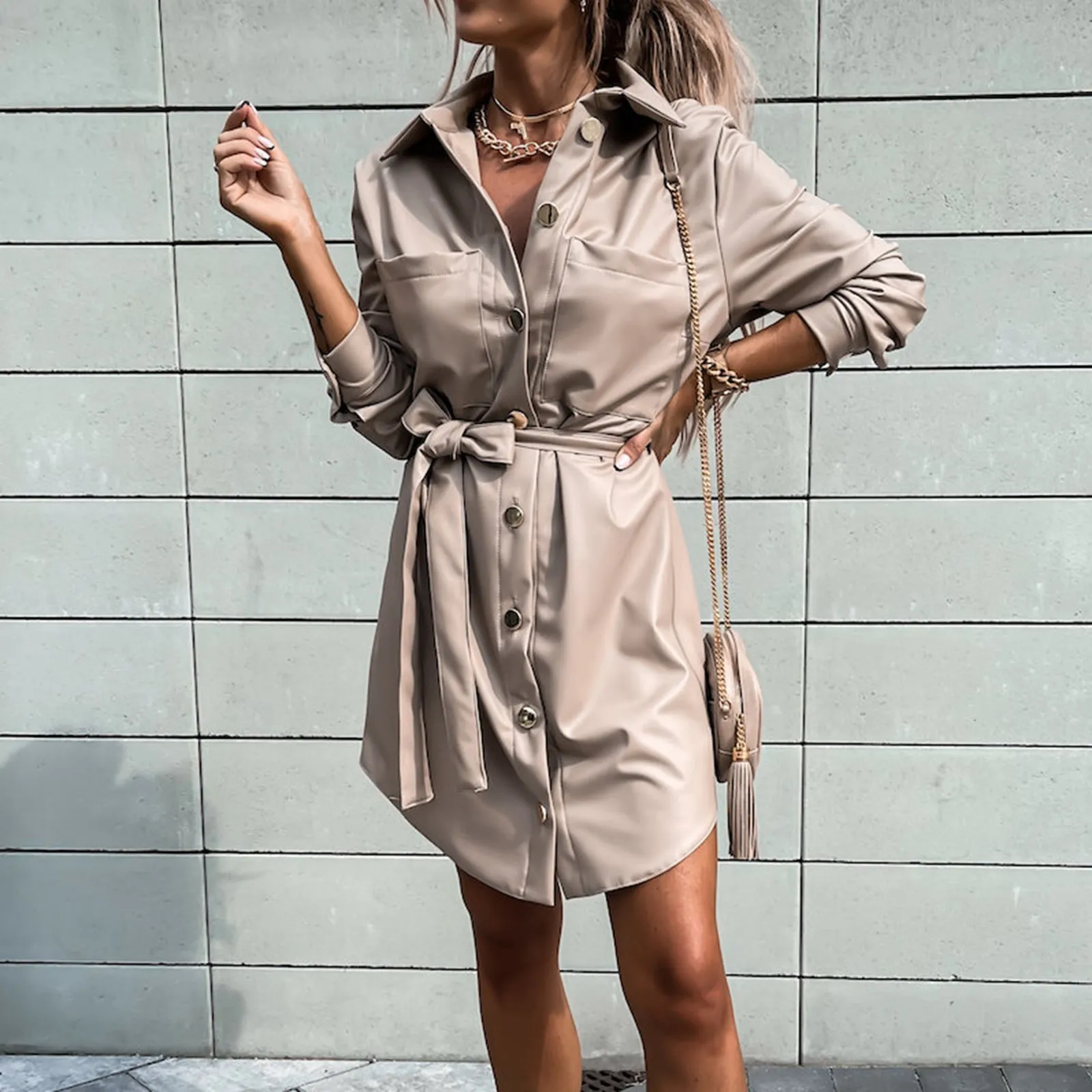 Julia Fashion - Fall  Office Lady PU Leather Shirts Dress