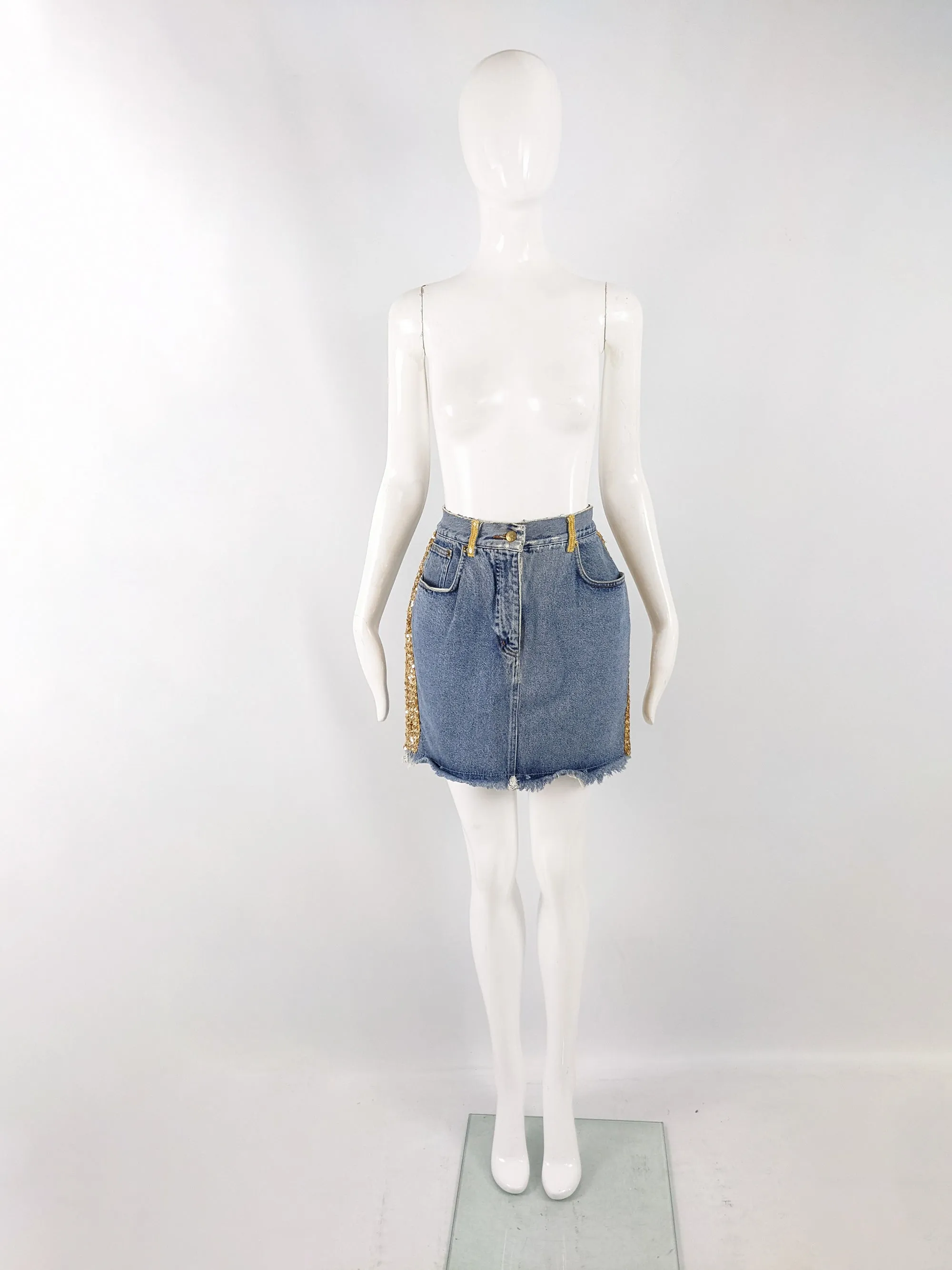 Katharine Hamnett Vintage Blue Denim & Gold Sequin Skirt, 1980s