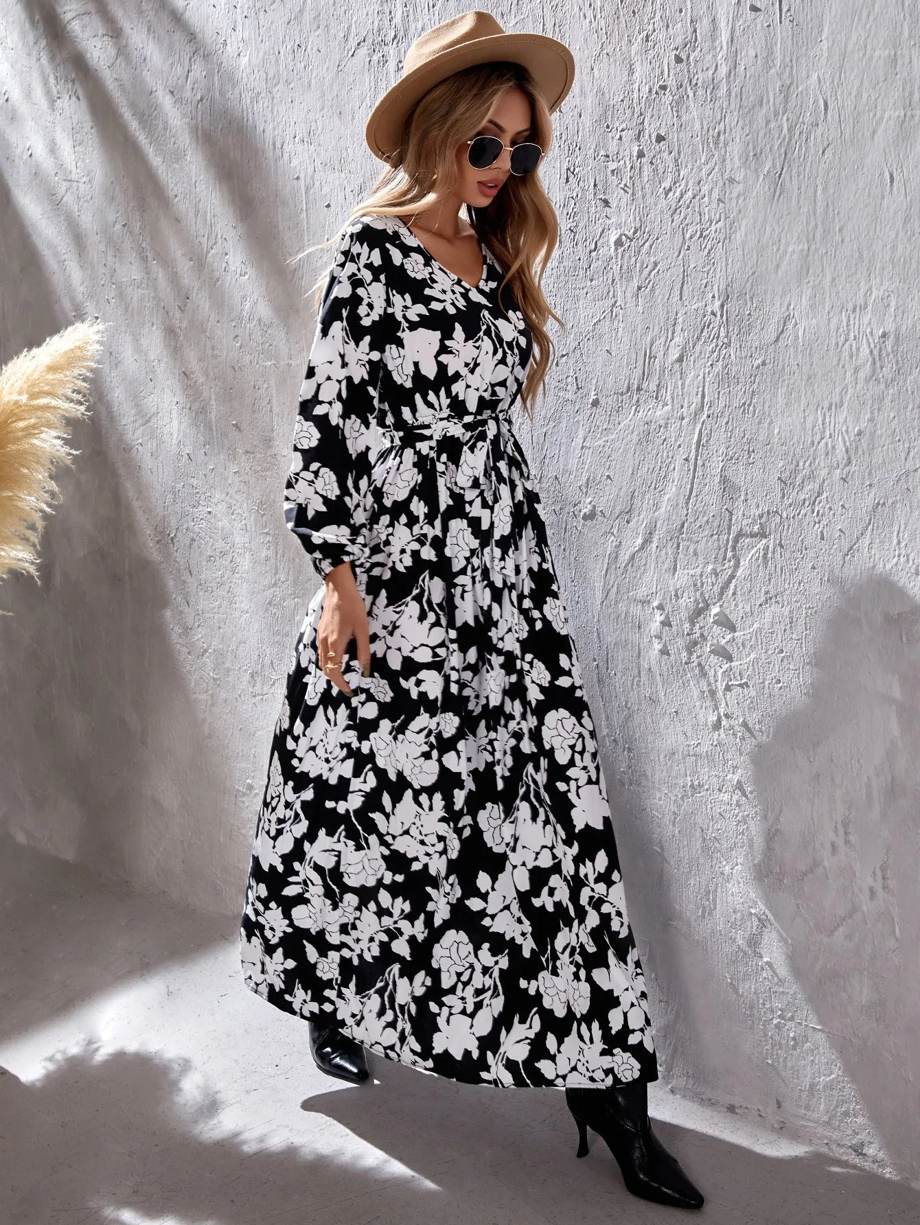 KittenAlarm - Women's Casual Floral Print Evening Dresses Long Sleeve V Neck Cocktail Party Long Maxi Dress