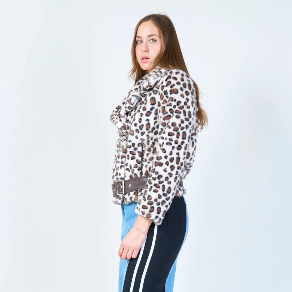 Leopard print faux fur biker jacket wholesale