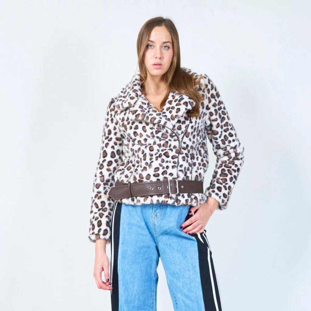 Leopard print faux fur biker jacket wholesale