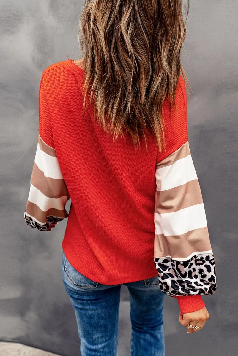 Leopard Striped "Hello Pumpkin" Orange Long Sleeve Top