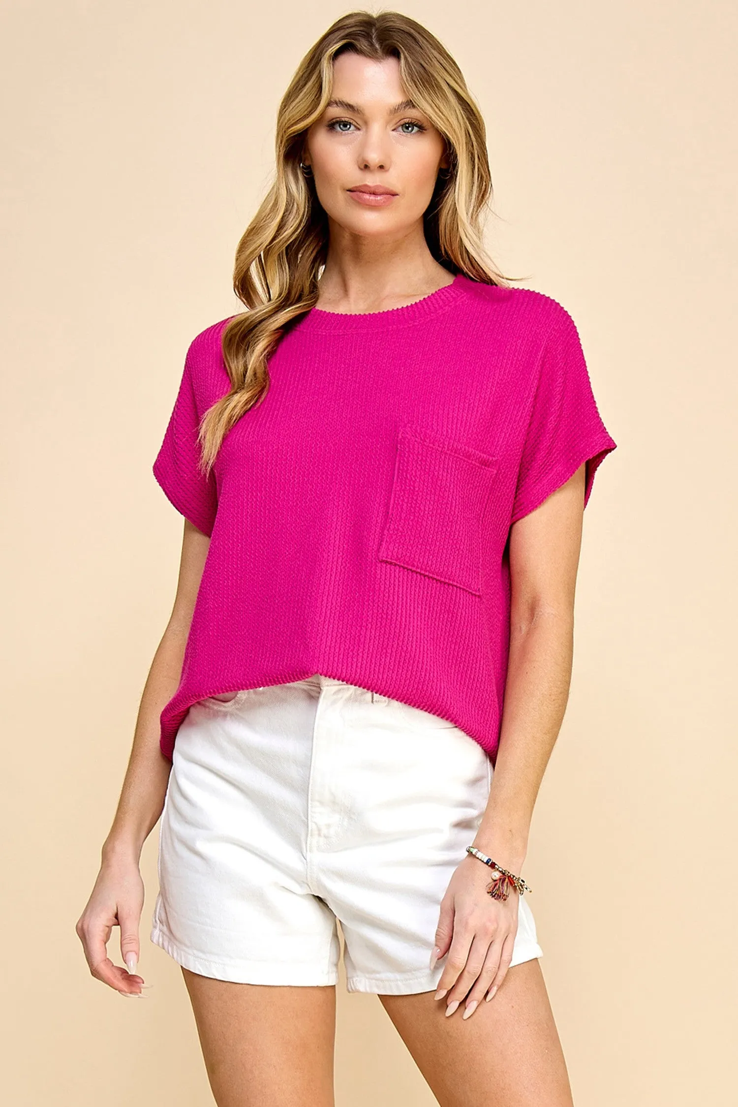 Les Amis Solid Ribbed Top with Pockets