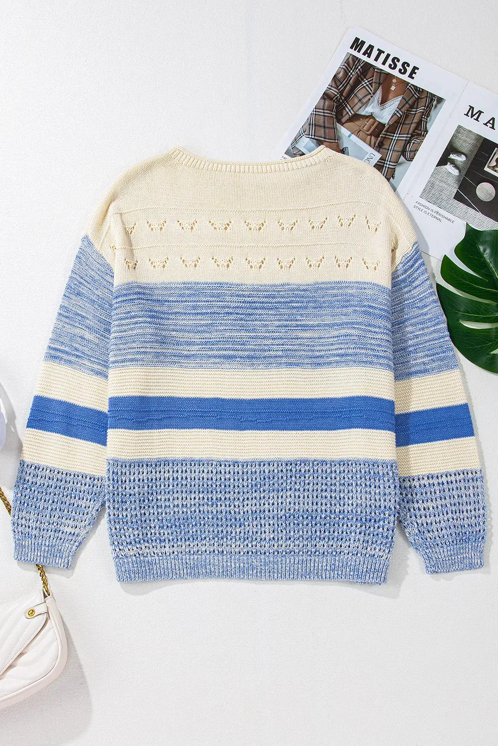 Light Blue Color Block Boat Neck Long Sleeve Sweater | Winter Fashion | Casual Tops