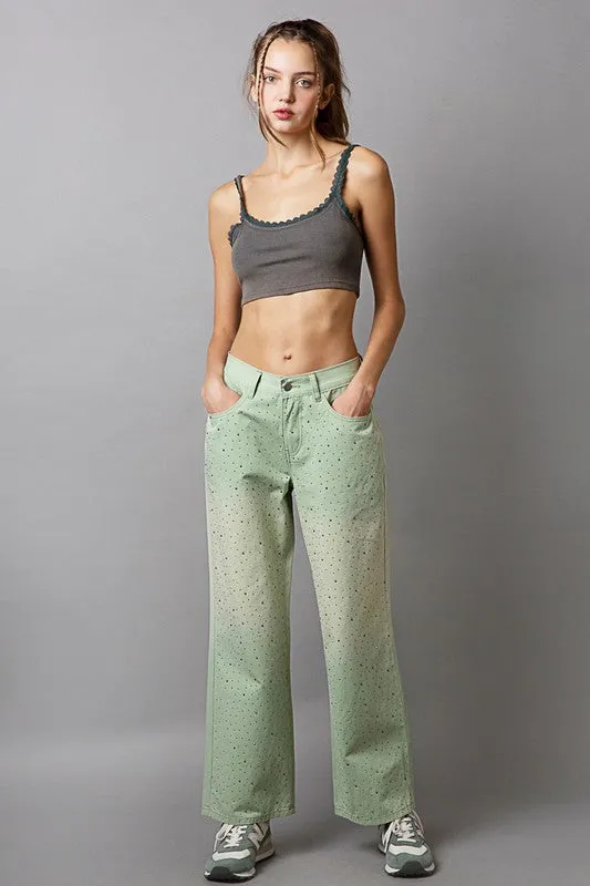 Light Green Embellishments Gradient Wide Leg Pants