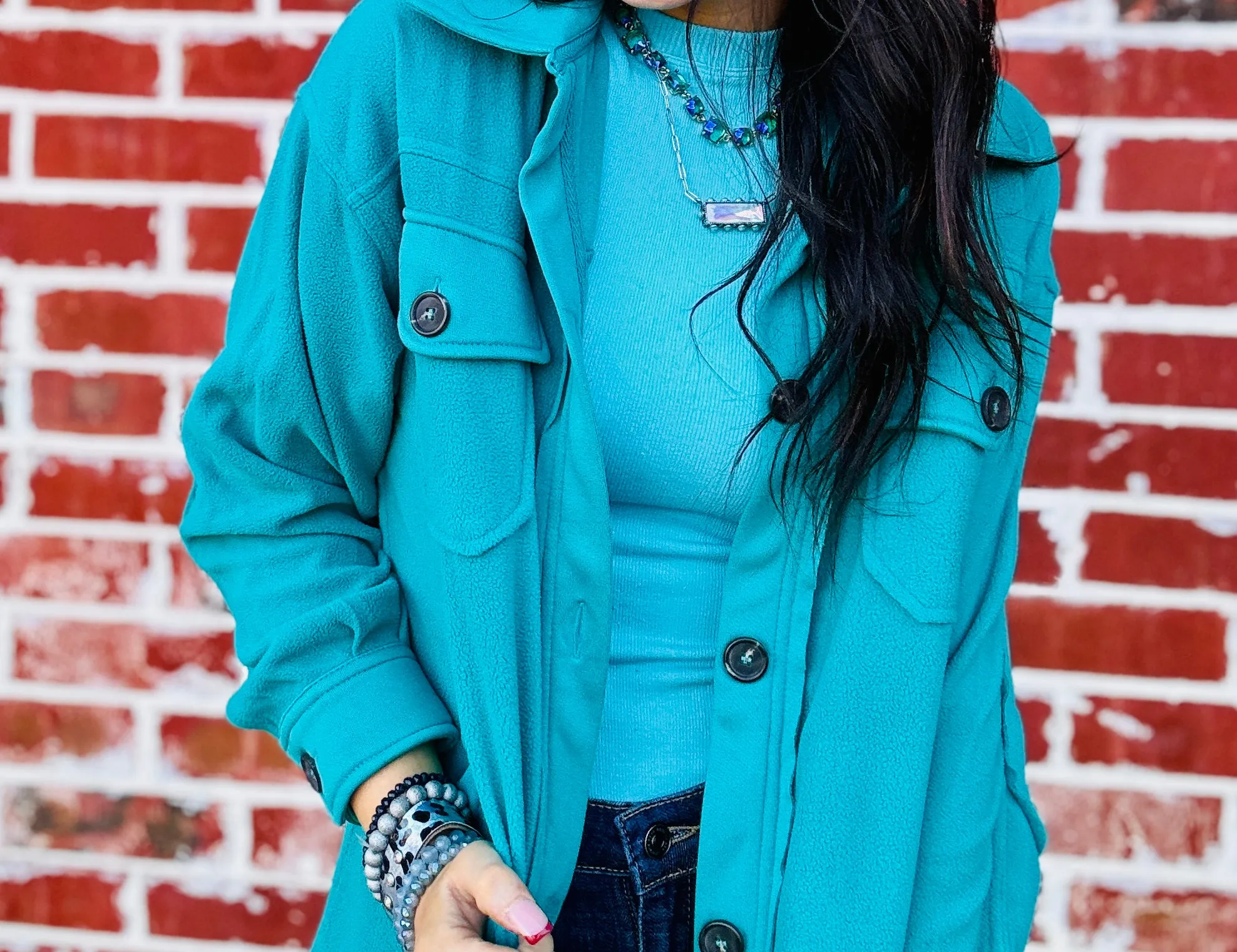 Light Teal Oversized Basic Fleece Shacket