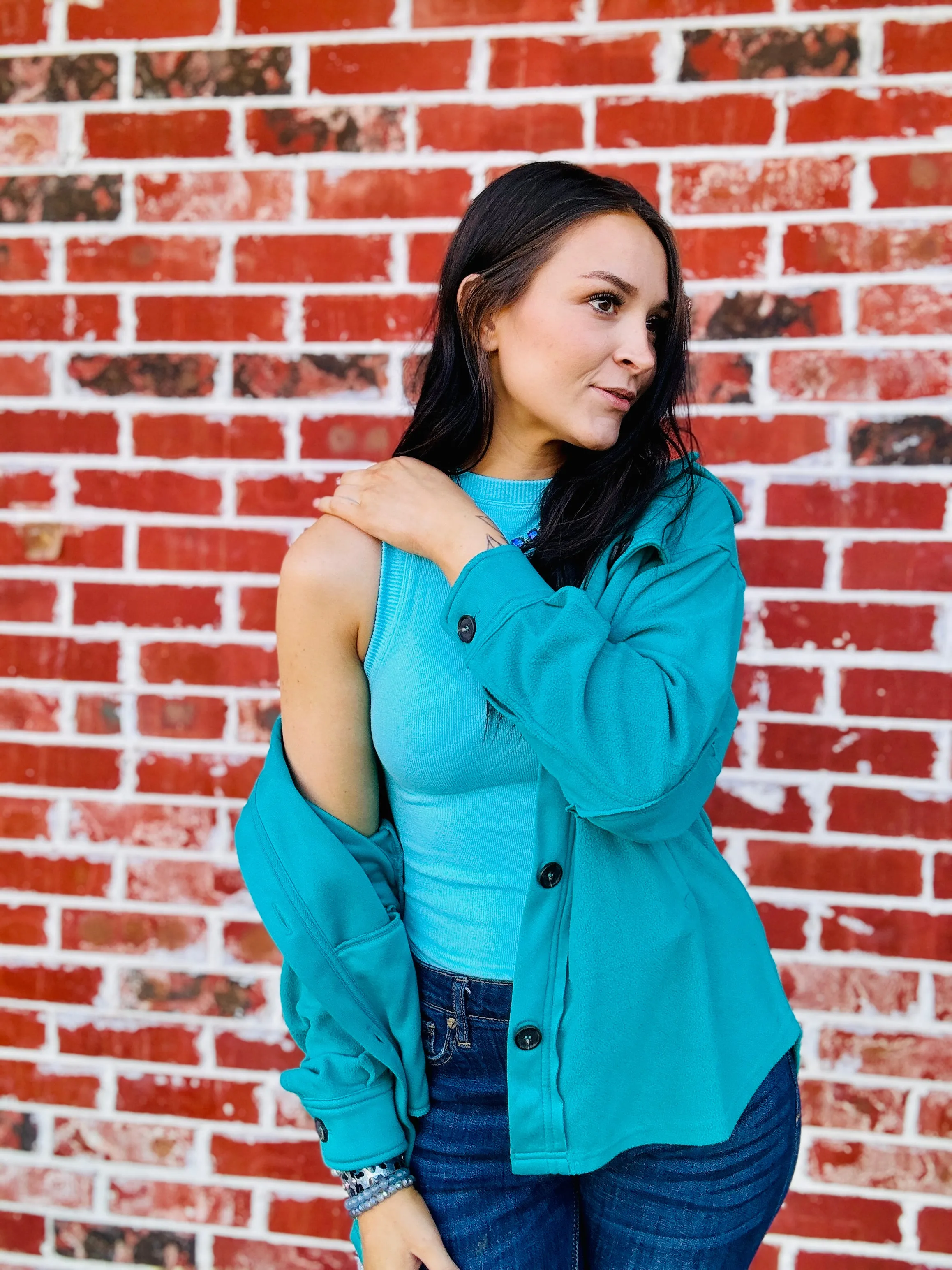 Light Teal Oversized Basic Fleece Shacket