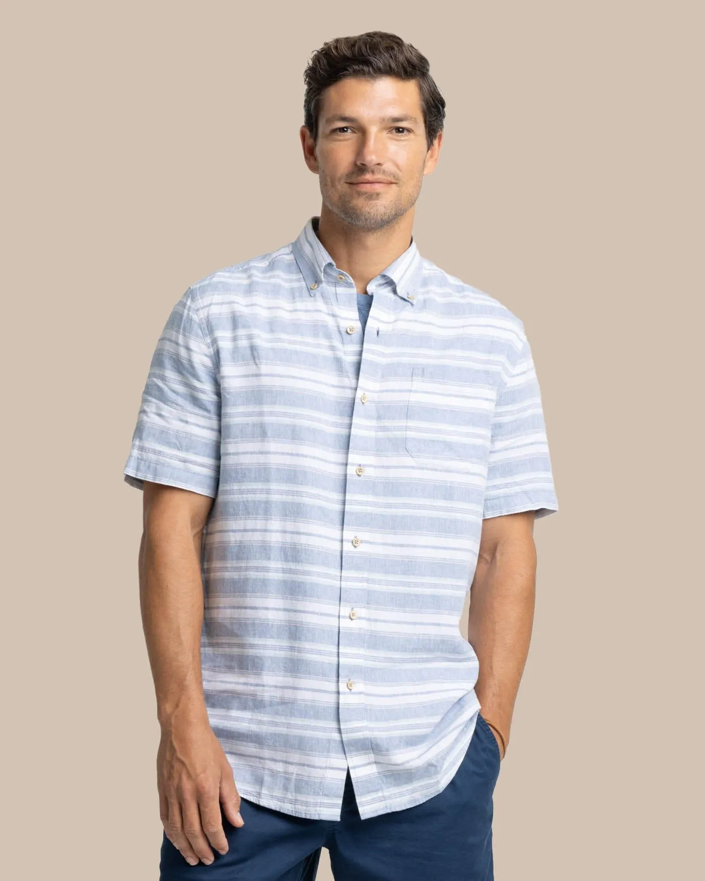 Linen Rayon Timmonsok Stripe Short Sleeve Sport Shirt