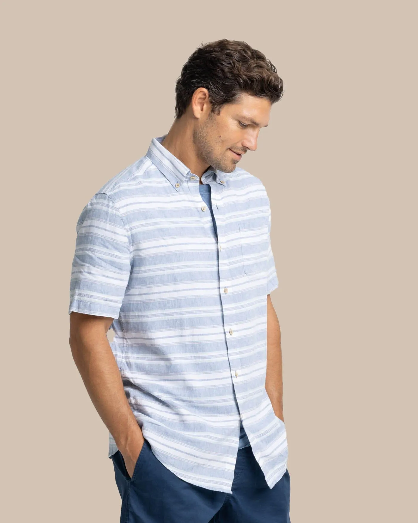 Linen Rayon Timmonsok Stripe Short Sleeve Sport Shirt