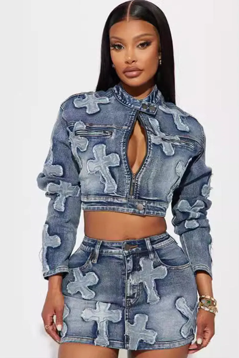 Long Sleeve Cross Embelish Denim Mini Skirt Set