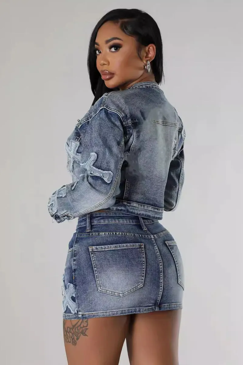 Long Sleeve Cross Embelish Denim Mini Skirt Set