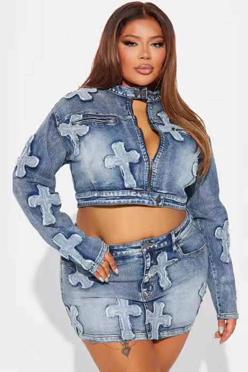 Long Sleeve Cross Embelish Denim Mini Skirt Set