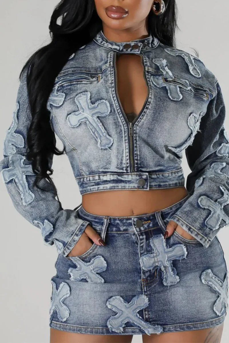 Long Sleeve Cross Embelish Denim Mini Skirt Set