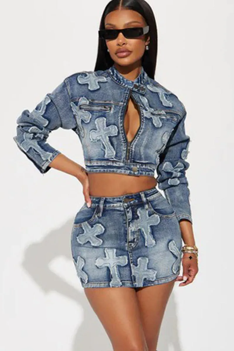 Long Sleeve Cross Embelish Denim Mini Skirt Set