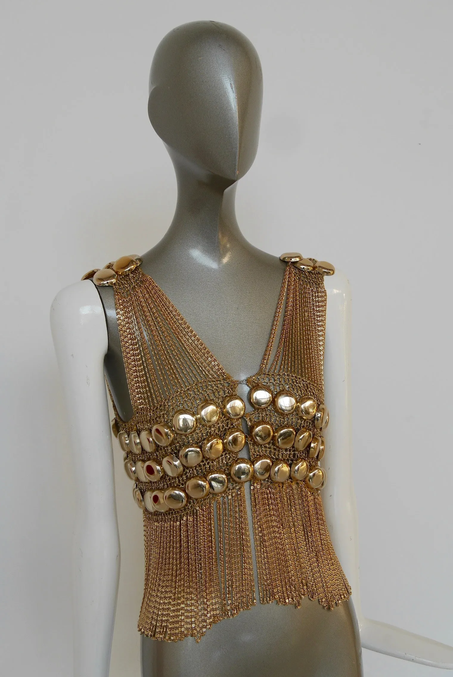 Loris Azzaro chained top rare design gold tone chains and lurex.