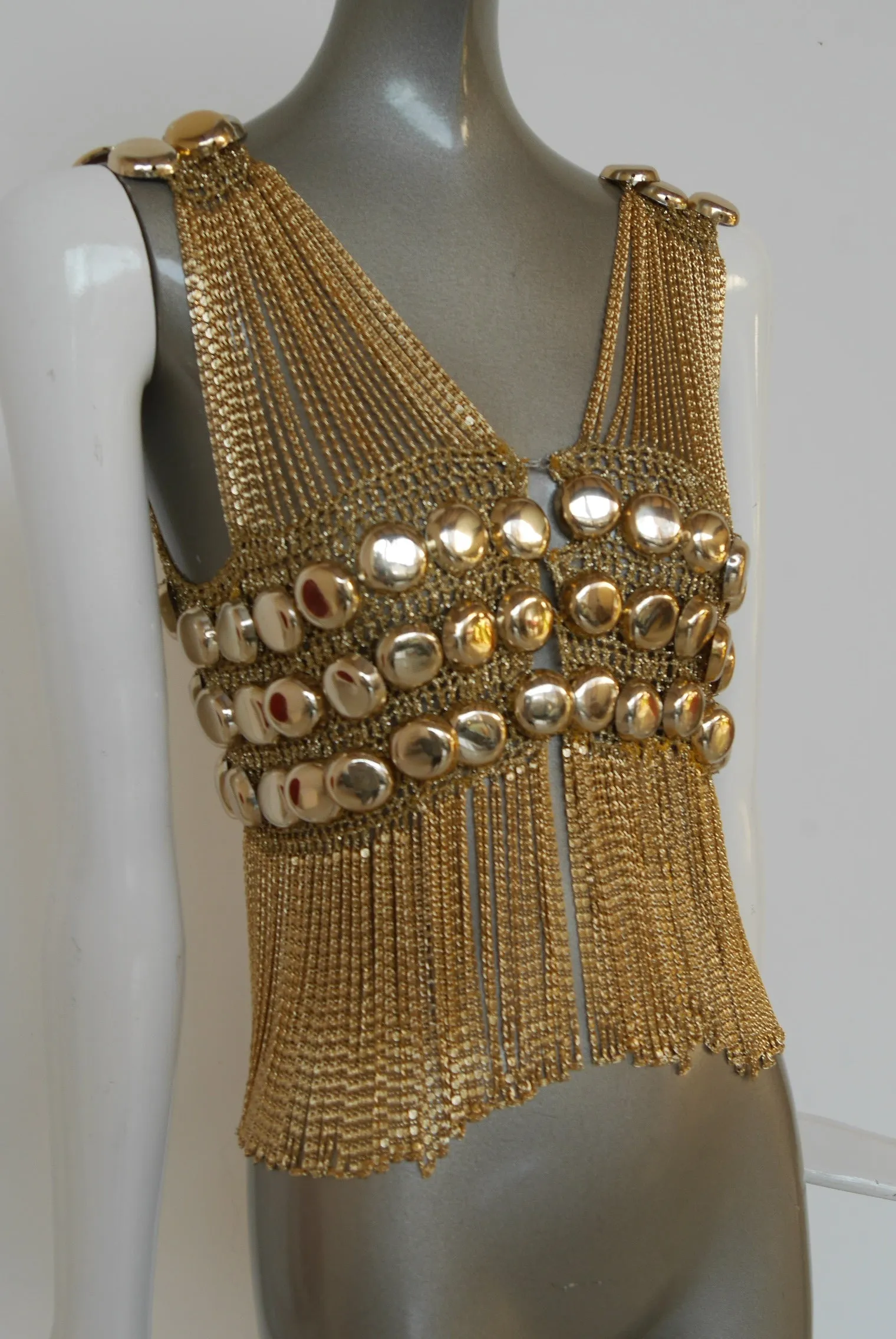 Loris Azzaro chained top rare design gold tone chains and lurex.