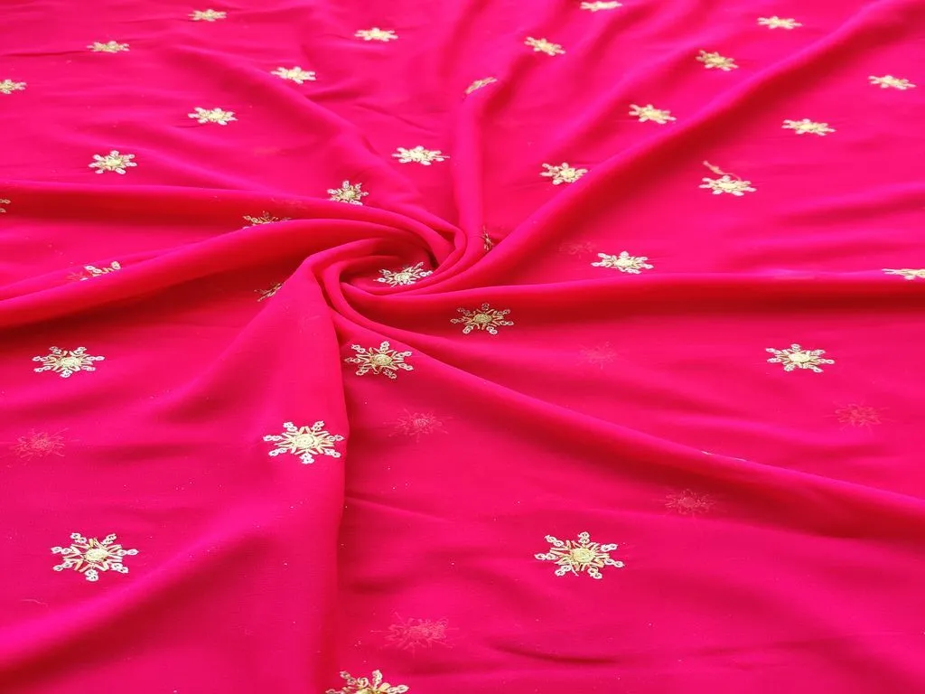 Magenta Pink Floral Motifs Golden Zari and Sequins Embroidered Georgette Fabric