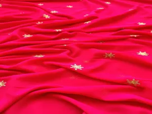 Magenta Pink Floral Motifs Golden Zari and Sequins Embroidered Georgette Fabric