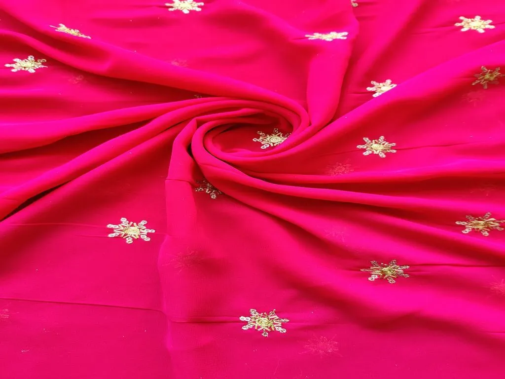 Magenta Pink Floral Motifs Golden Zari and Sequins Embroidered Georgette Fabric